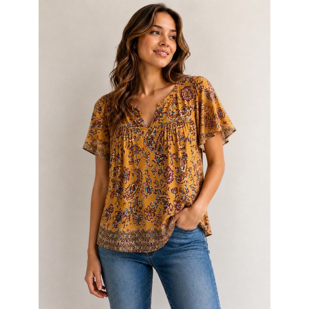 Democracy Mustard Floral Paisley Boho Peasant Top Medium Bell Sleeve Stretch